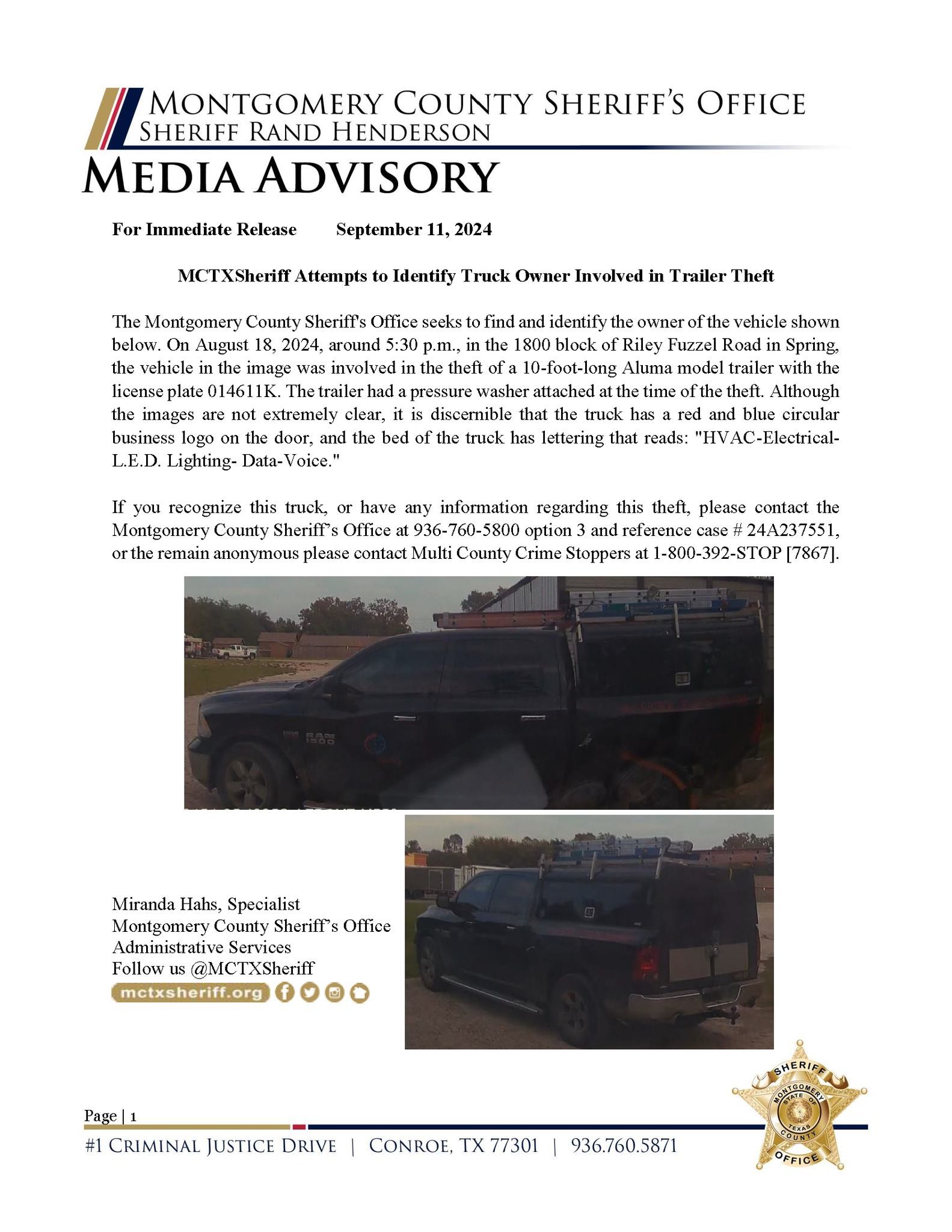 Montgomery County Sheriff Seeks Assistance in Theft Investigatio